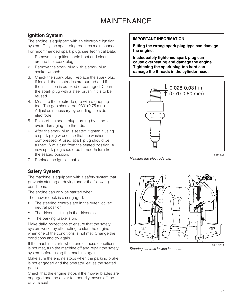 Ignition system, Safety system, Maintenance | Dixon RAM 48ZT BF User Manual | Page 37 / 72