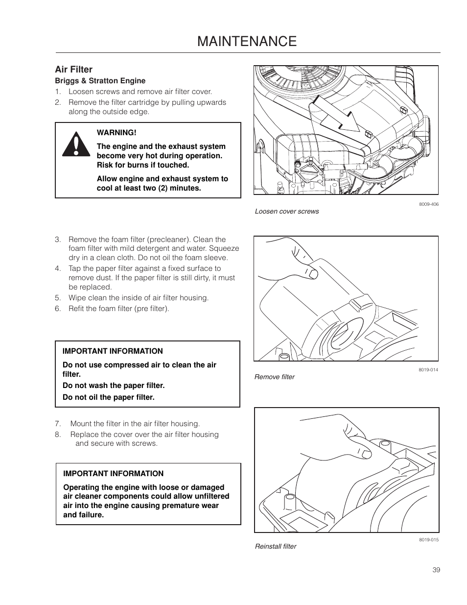 Air filter, Briggs & stratton engine, Maintenance | Dixon RAM 48ZT BF User Manual | Page 39 / 72