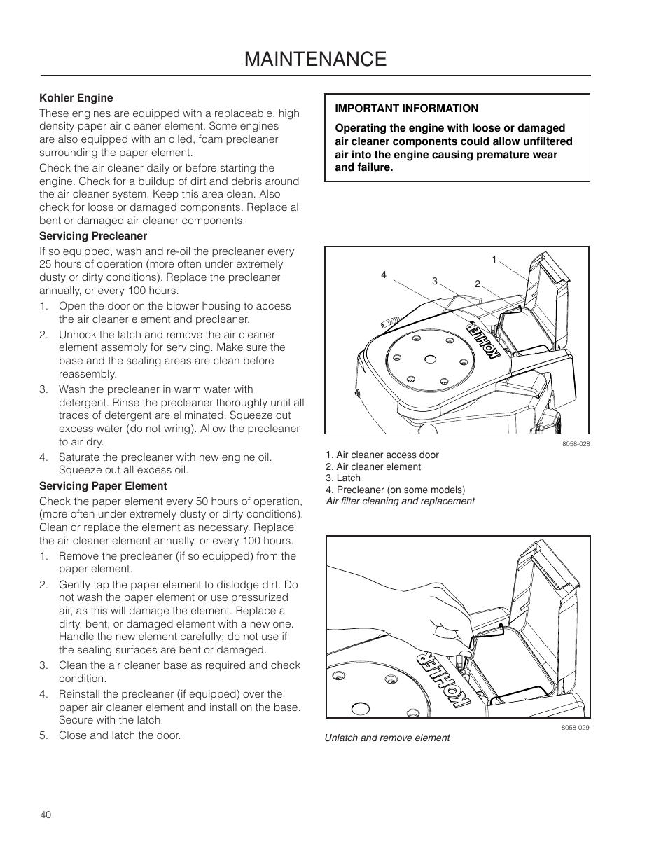 Kohler engine, Maintenance | Dixon RAM 48ZT BF User Manual | Page 40 / 72