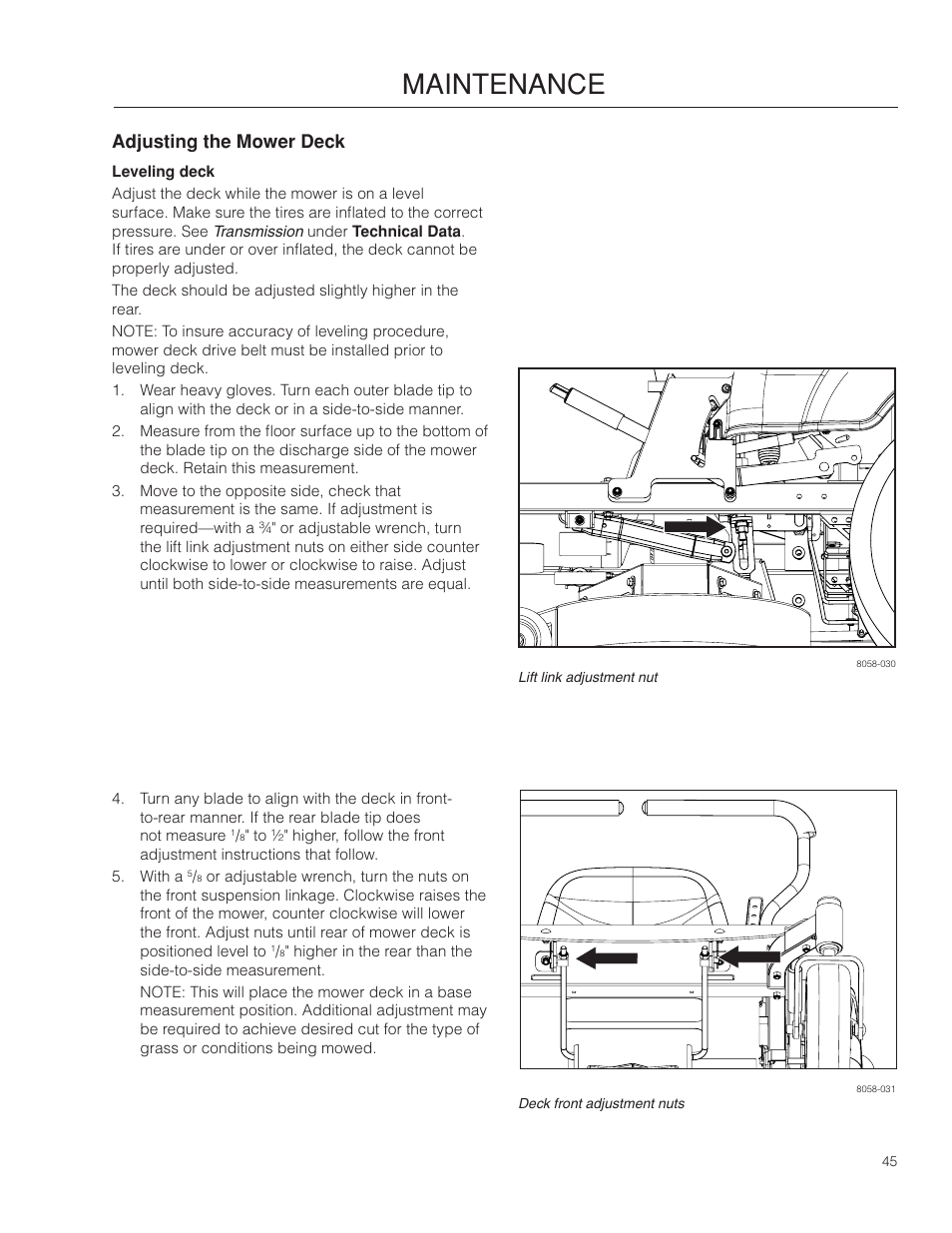 Adjusting the mower deck, Leveling deck, Maintenance | Dixon RAM 48ZT BF User Manual | Page 45 / 72