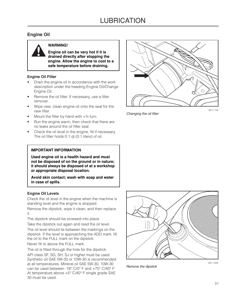 Engine oil, Engine oil levels, Lubrication | Dixon RAM 48ZT BF User Manual | Page 51 / 72