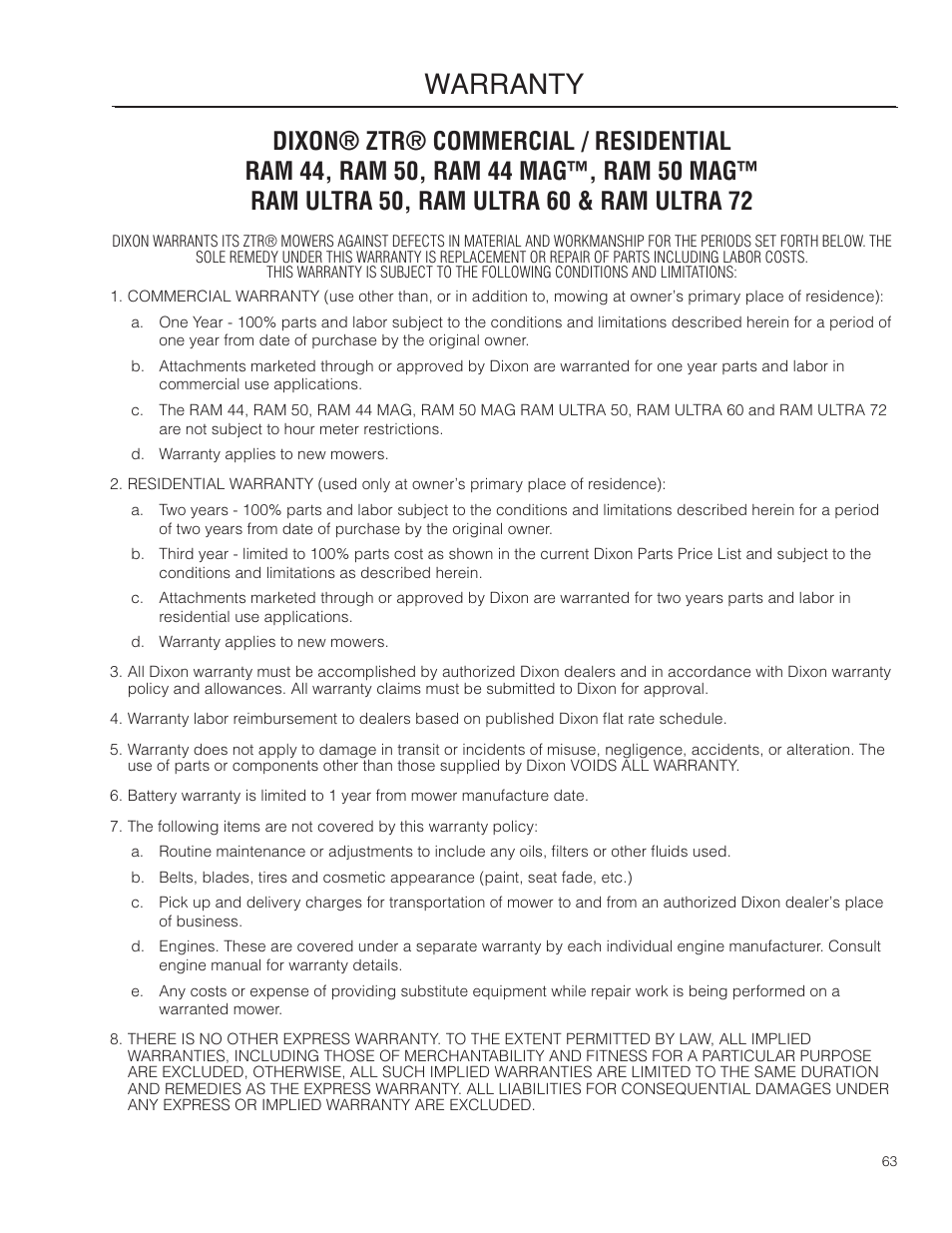 Warranty | Dixon RAM 48ZT BF User Manual | Page 63 / 72