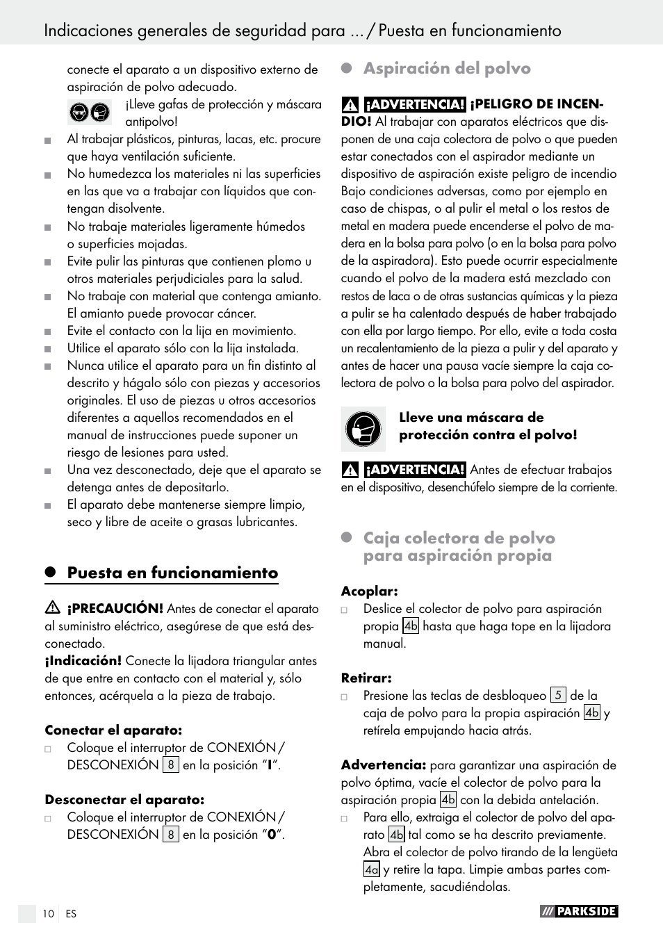 Puesta en funcionamiento, Aspiración del polvo, Caja colectora de polvo para aspiración propia | Parkside PHS 160 B2 User Manual | Page 10 / 52