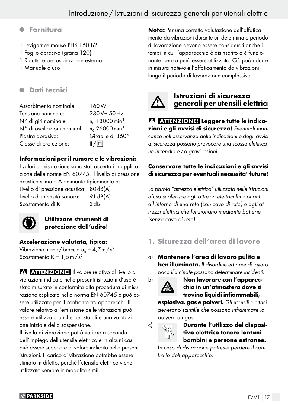 Fornitura, Dati tecnici, Sicurezza dell’area di lavoro | Parkside PHS 160 B2 User Manual | Page 17 / 52