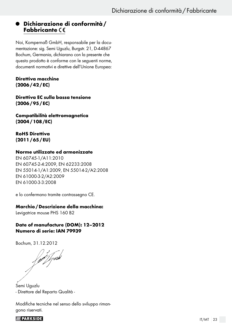 Dichiarazione di conformità / fabbricante | Parkside PHS 160 B2 User Manual | Page 23 / 52