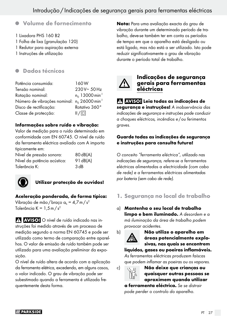 Volume de fornecimento, Dados técnicos, Segurança no local de trabalho | Parkside PHS 160 B2 User Manual | Page 27 / 52