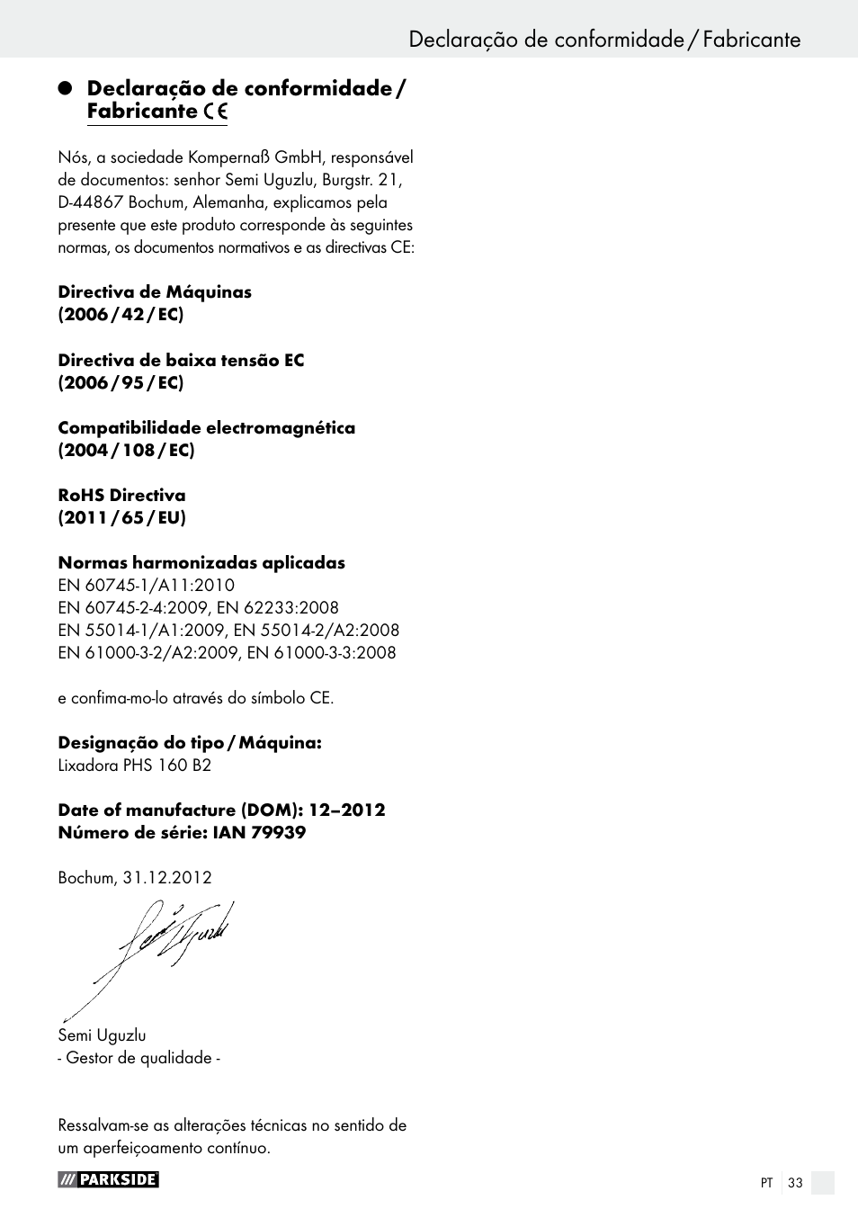 Declaração de conformidade / fabricante | Parkside PHS 160 B2 User Manual | Page 33 / 52