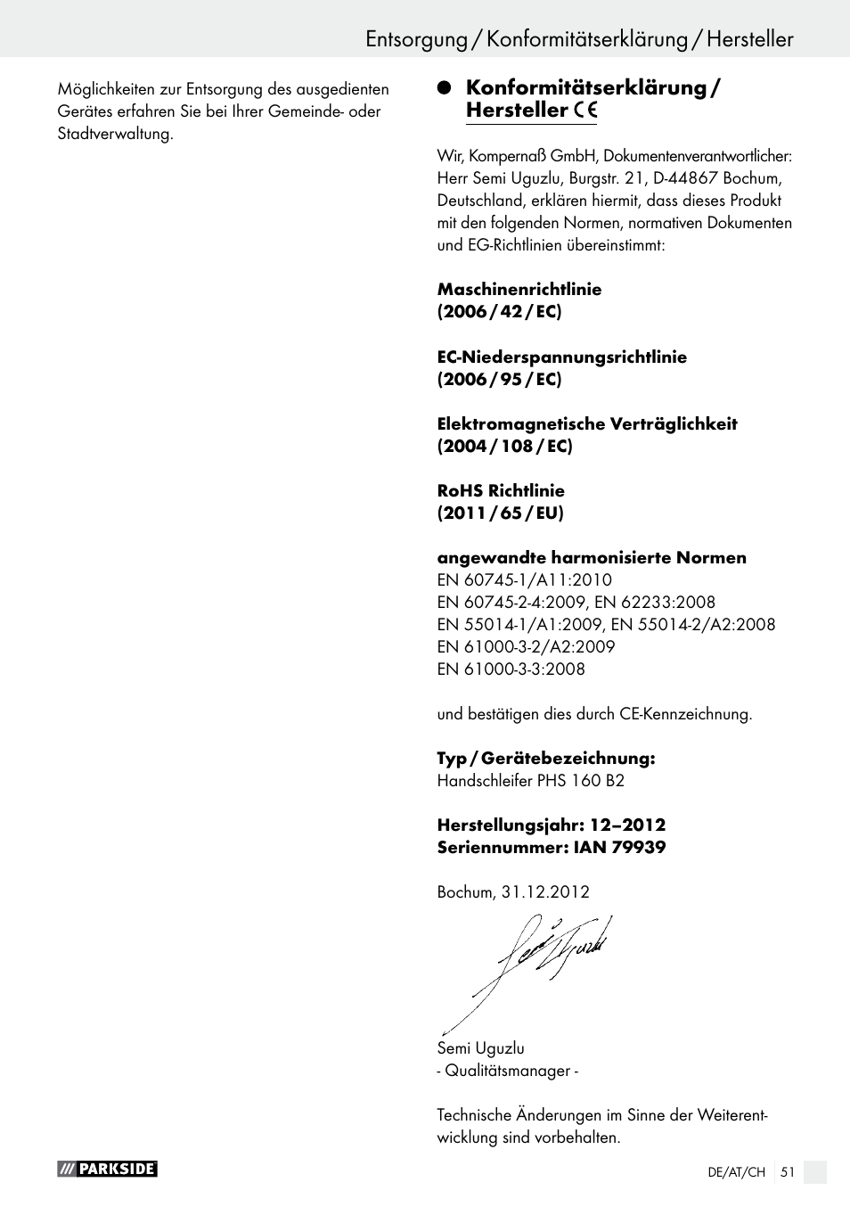 Service / garantie / entsorgung, Entsorgung / konformitätserklärung / hersteller, Konformitätserklärung / hersteller | Parkside PHS 160 B2 User Manual | Page 51 / 52