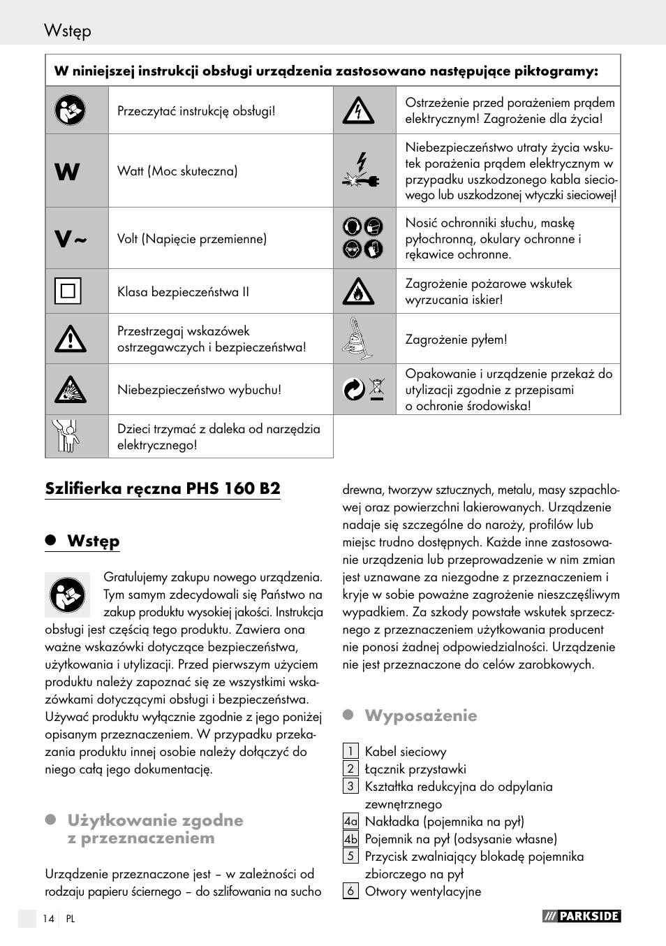 Szlifierka ręczna phs 160 b2, Wstęp, Użytkowanie zgodne z przeznaczeniem | Wyposażenie | Parkside PHS 160 B2 User Manual | Page 14 / 58