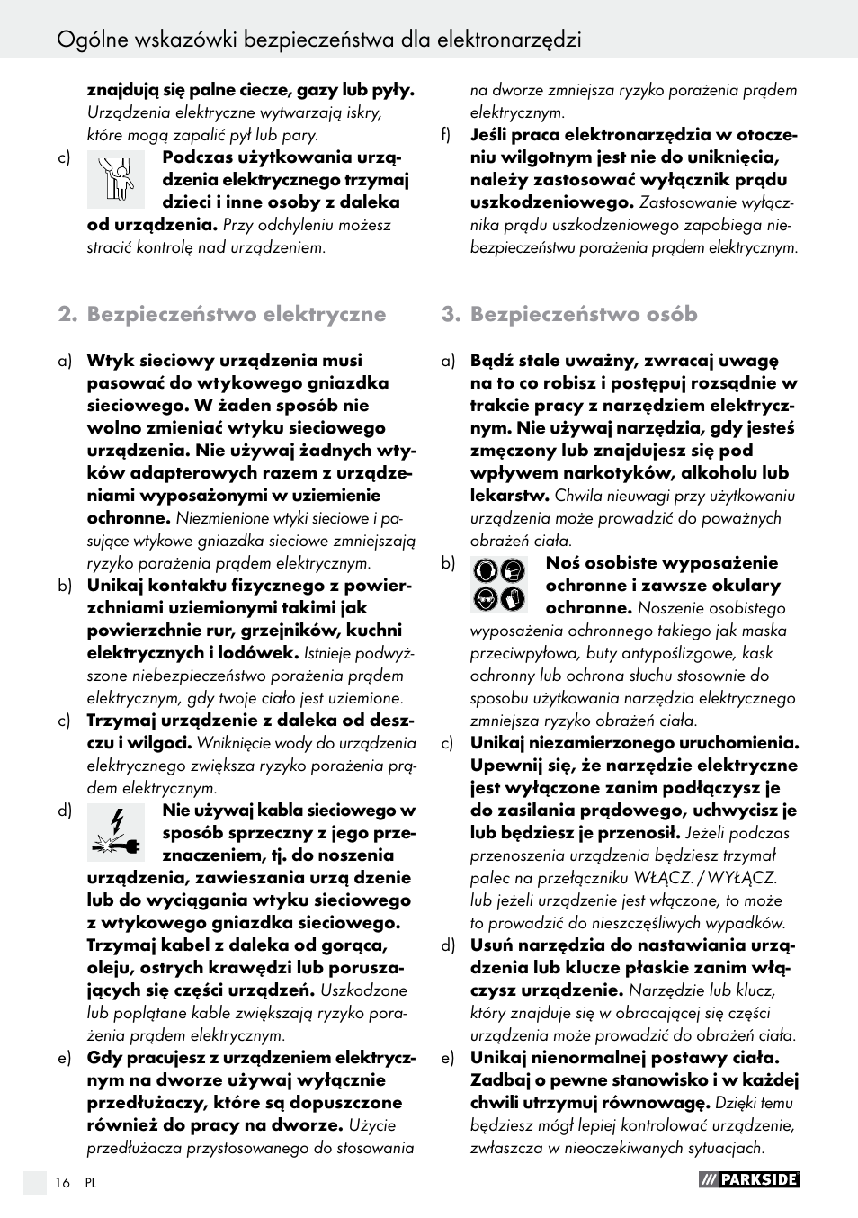 Bezpieczeństwo elektryczne, Bezpieczeństwo osób | Parkside PHS 160 B2 User Manual | Page 16 / 58