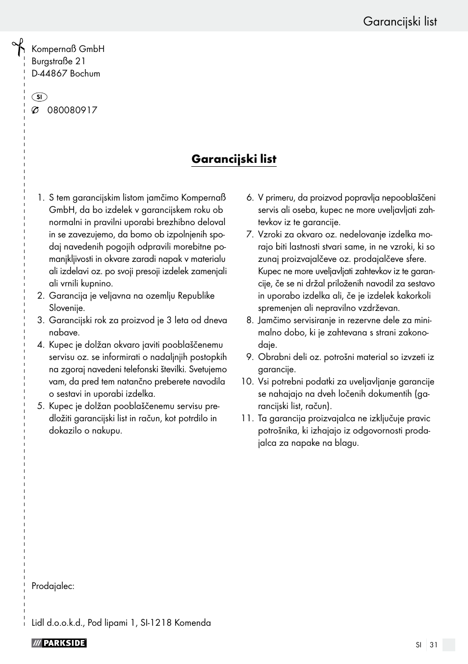 Garancijski list | Parkside PHS 160 B2 User Manual | Page 31 / 58