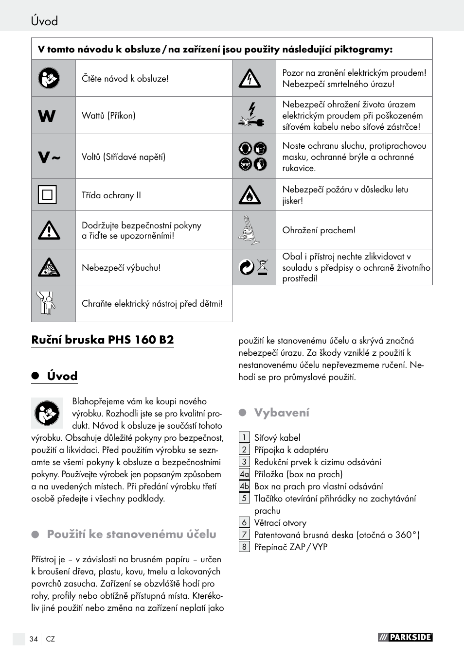 Ruční bruska phs 160 b2, Úvod, Použití ke stanovenému účelu | Vybavení | Parkside PHS 160 B2 User Manual | Page 34 / 58