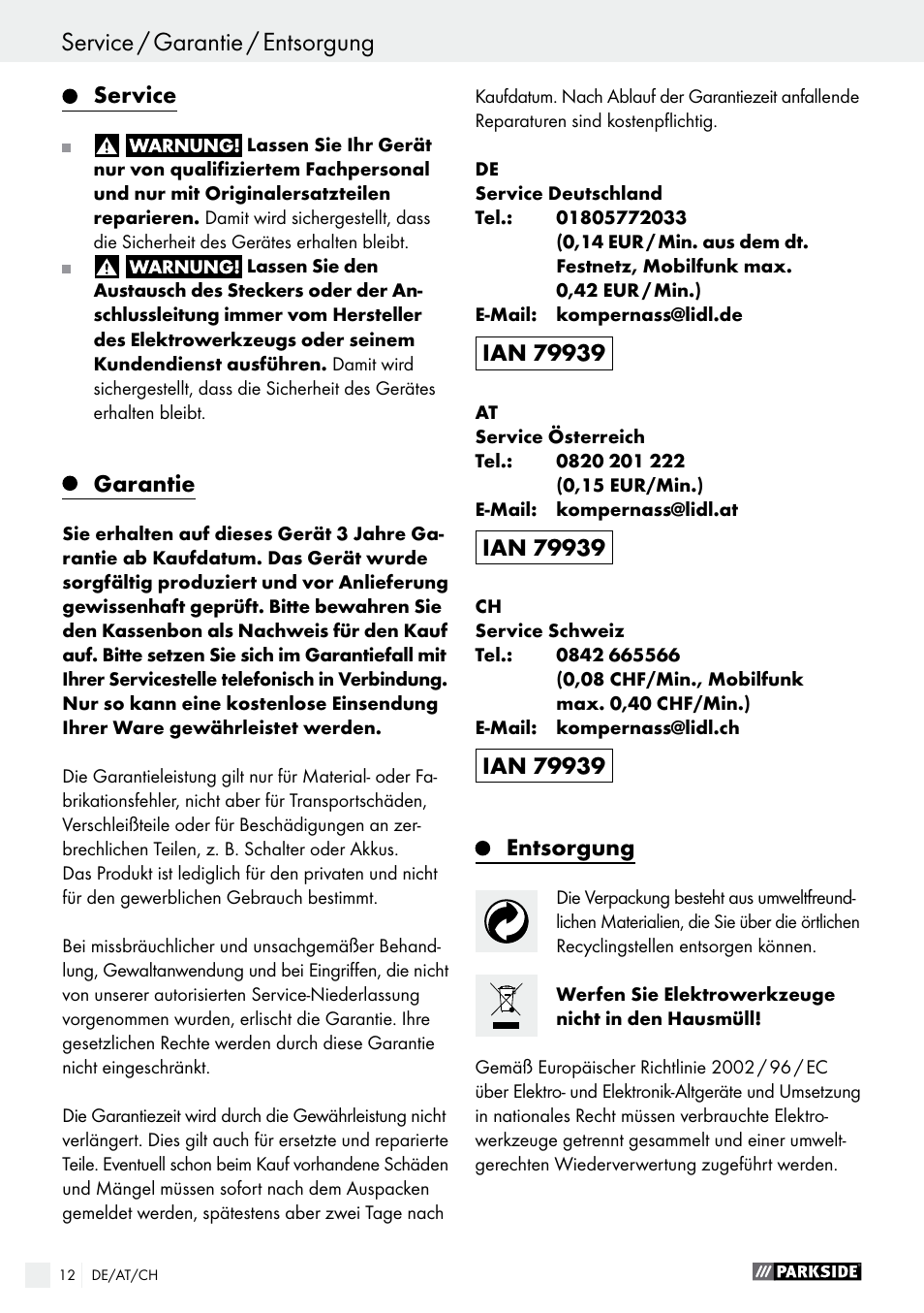 Entsorgung / konformitätserklärung / hersteller, Service / garantie / entsorgung | Parkside PHS 160 B2 User Manual | Page 12 / 43