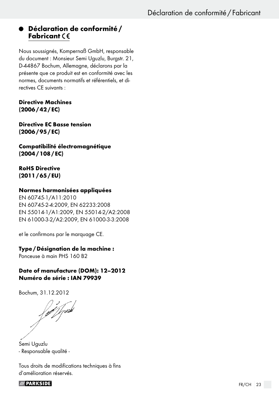 Déclaration de conformité / fabricant | Parkside PHS 160 B2 User Manual | Page 23 / 43