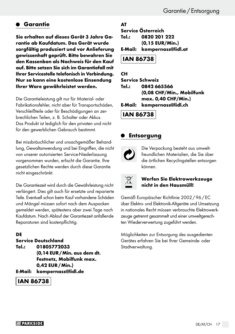 Garantie, Entsorgung, Seite 17 | Parkside PWS 230 A1 User Manual | Page 17 / 62