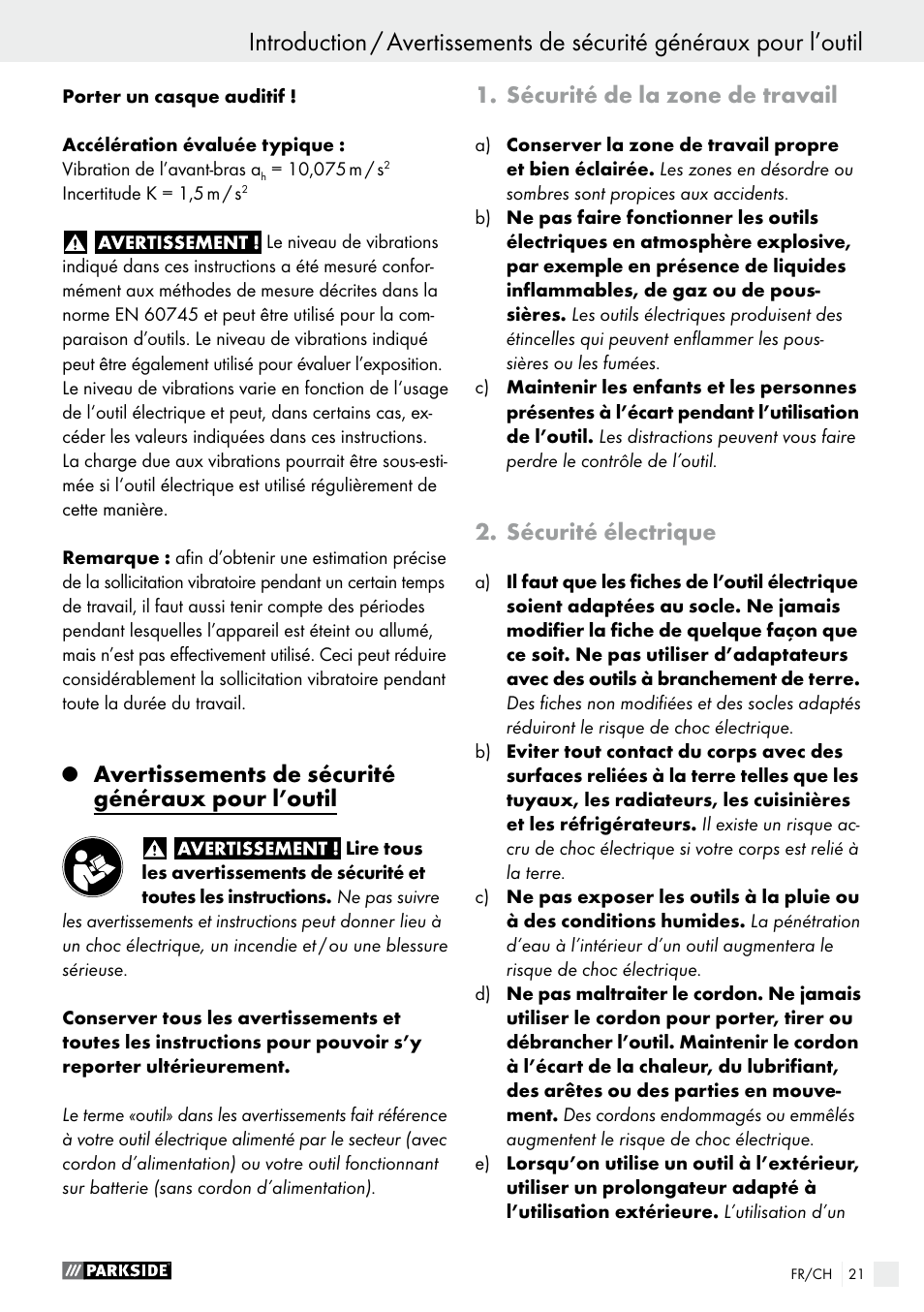 Sécurité de la zone de travail, Sécurité électrique, Avertissements de sécurité généraux pour l’outil | Parkside PWS 230 A1 User Manual | Page 21 / 62