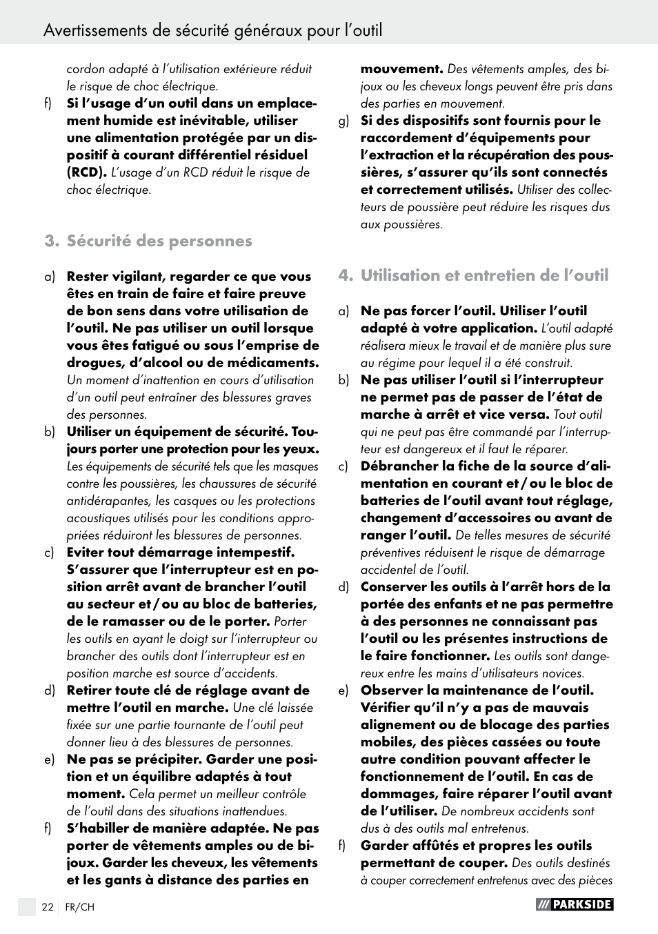 Sécurité des personnes, utilisation et entretien de l’outil, Avertissements de sécurité généraux pour l’outil | Utilisation et entretien de l’outil | Parkside PWS 230 A1 User Manual | Page 22 / 62