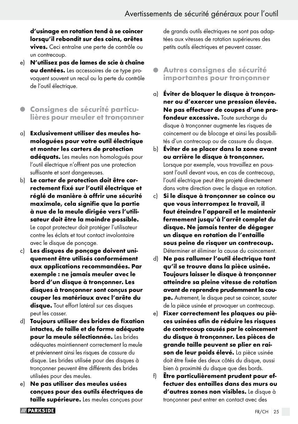 Avertissements de sécurité généraux pour l’outil | Parkside PWS 230 A1 User Manual | Page 25 / 62