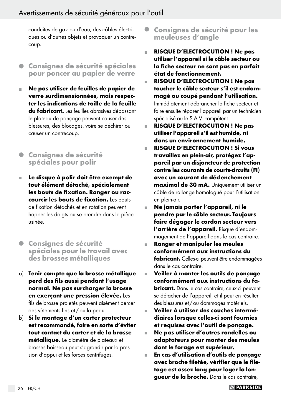 Q consignes de sécurité spéciales pour polir, Avertissements de sécurité généraux pour l’outil | Parkside PWS 230 A1 User Manual | Page 26 / 62