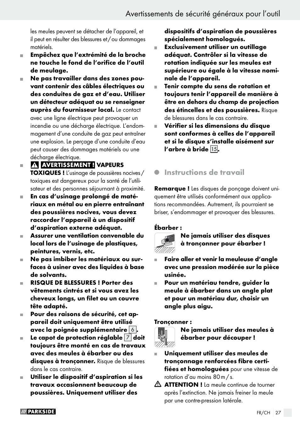 Q instructions de travail, Avertissements de sécurité généraux pour l’outil, Instructions de travail | Parkside PWS 230 A1 User Manual | Page 27 / 62