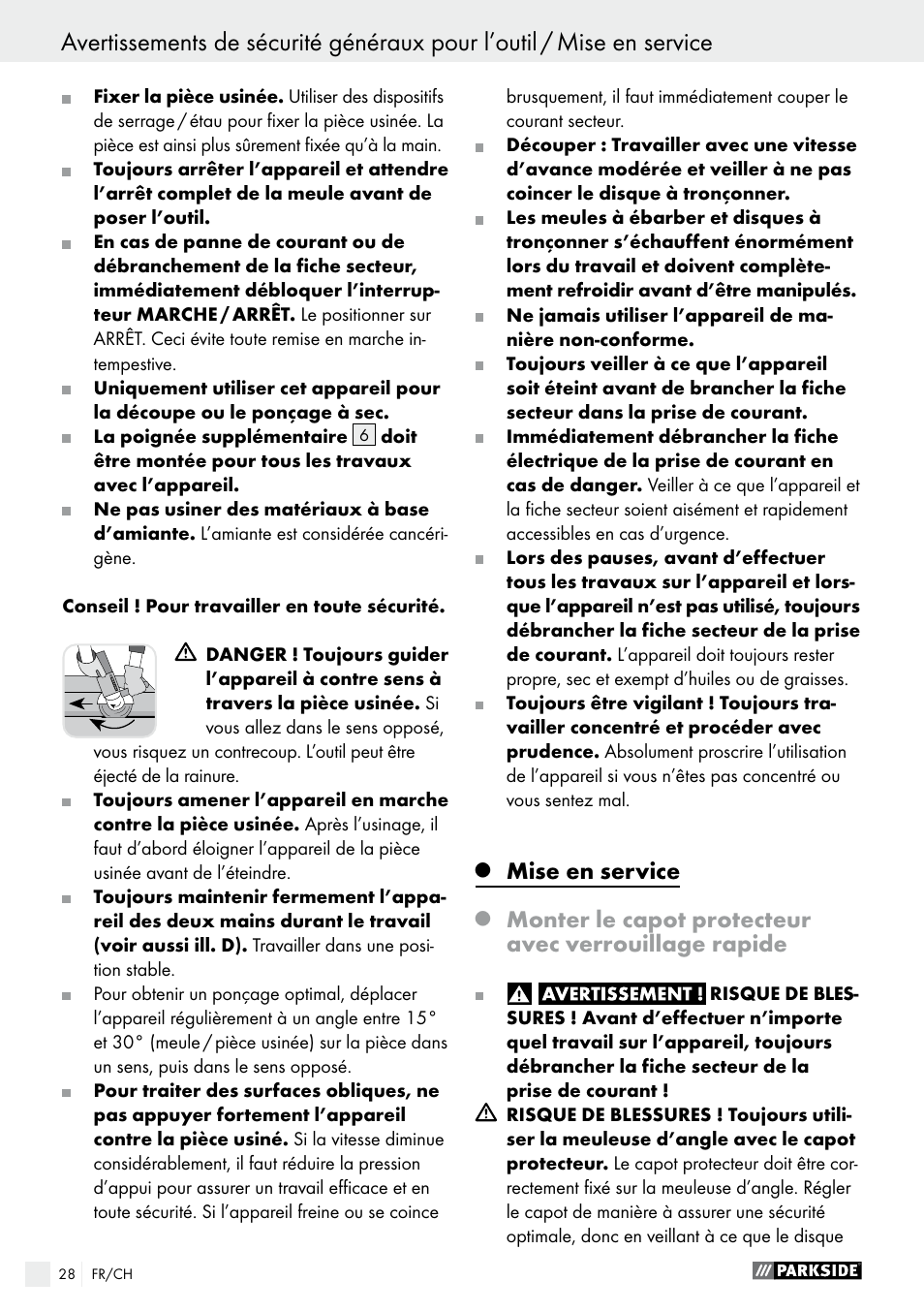 Q mise en service, Mise en service | Parkside PWS 230 A1 User Manual | Page 28 / 62