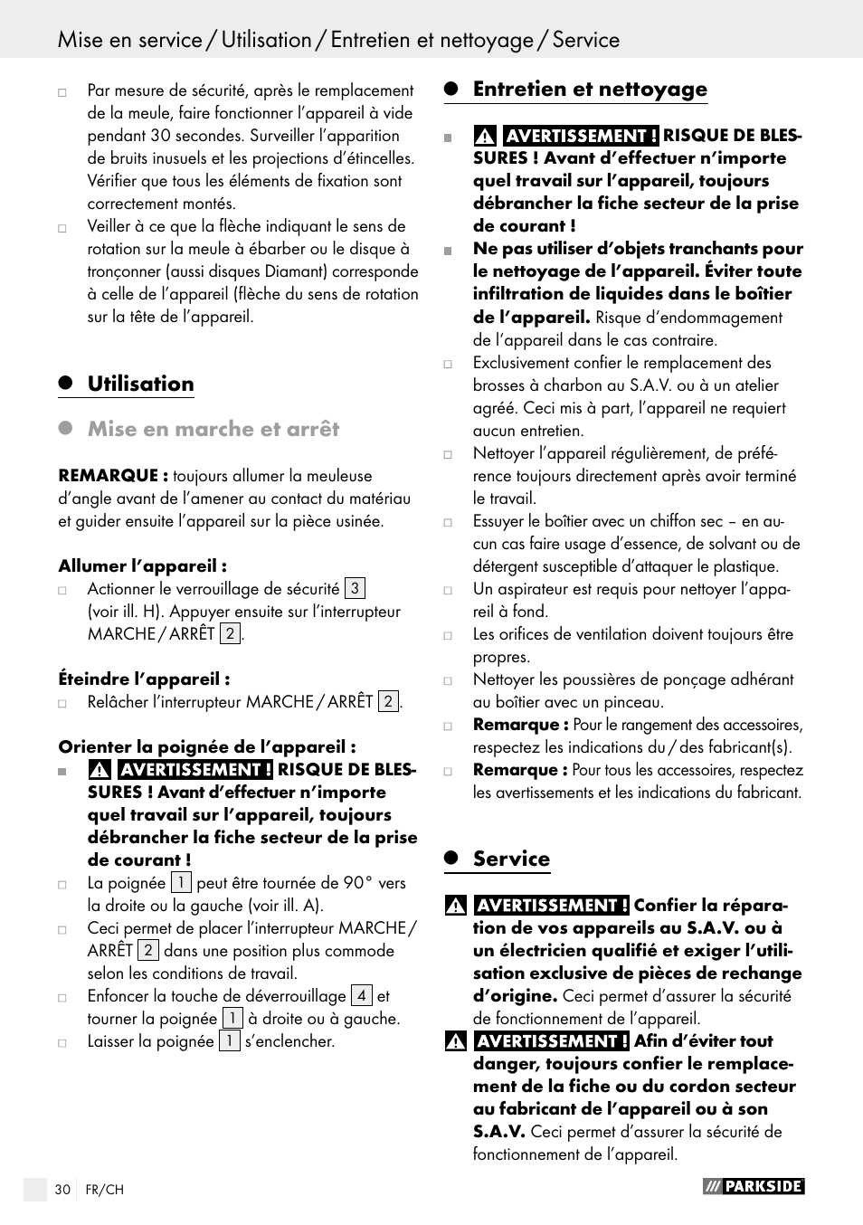 Q utilisation, Q mise en marche et arrêt, Q entretien et nettoyage | Q service, Utilisation, Entretien et nettoyage, Service, Mise en marche et arrêt | Parkside PWS 230 A1 User Manual | Page 30 / 62