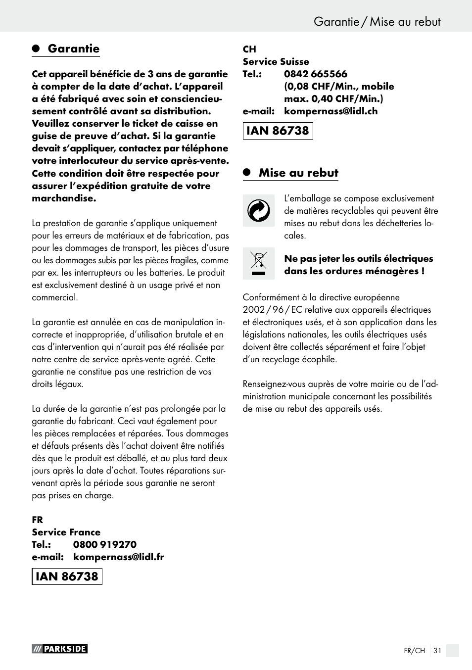 Q garantie, Q mise au rebut, Garantie | Mise au rebut | Parkside PWS 230 A1 User Manual | Page 31 / 62