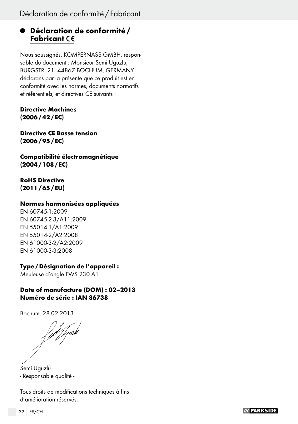 Q déclaration de conformité / fabricant, Déclaration de conformité / fabricant, Indice | Parkside PWS 230 A1 User Manual | Page 32 / 62