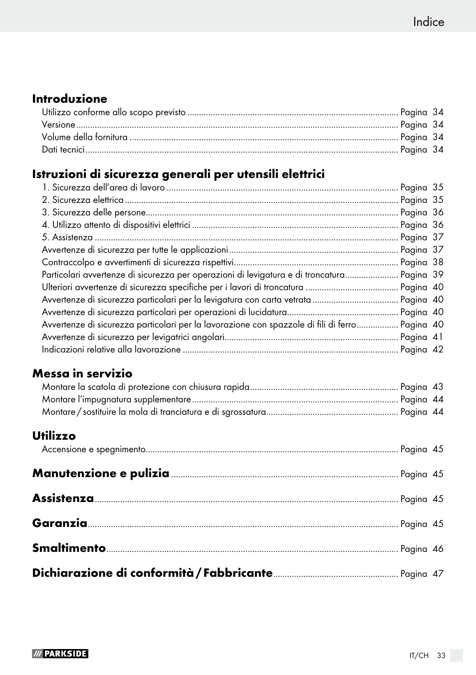 Indice déclaration de conformité / fabricant | Parkside PWS 230 A1 User Manual | Page 33 / 62