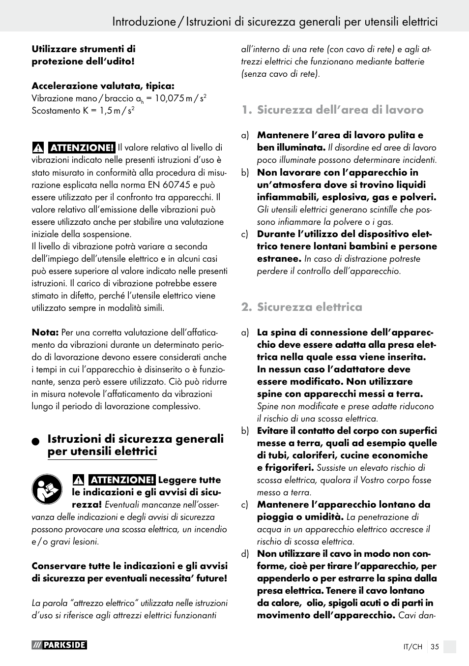 Sicurezza dell’area di lavoro, Sicurezza elettrica | Parkside PWS 230 A1 User Manual | Page 35 / 62