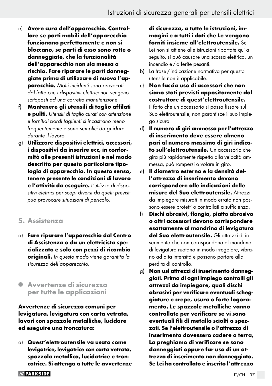 Assistenza, Avvertenze di sicurezza per tutte le applicazioni | Parkside PWS 230 A1 User Manual | Page 37 / 62
