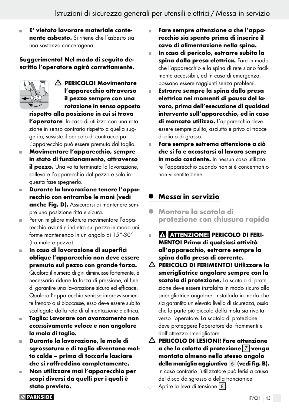 Q messa in servizio, Messa in servizio | Parkside PWS 230 A1 User Manual | Page 43 / 62