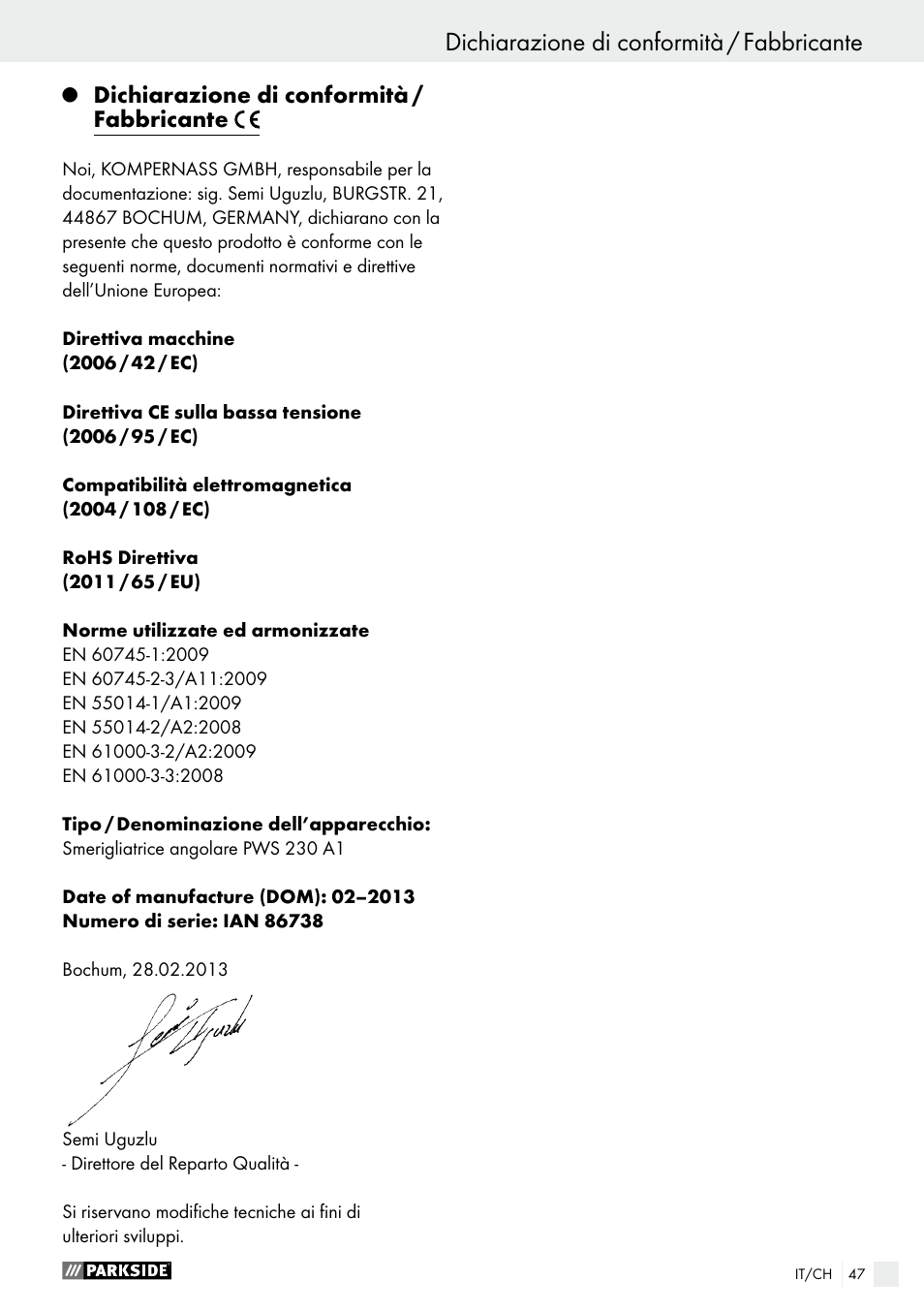 Q dichiarazione di conformità / fabbricante, Dichiarazione di conformità / fabbricante | Parkside PWS 230 A1 User Manual | Page 47 / 62