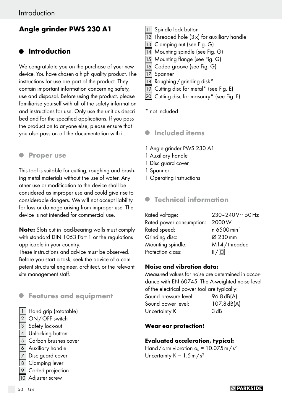 Q introduction, Q proper use, Q features and equipment | Q included items, Q technical information, Introduction, Angle grinder pws 230 a1, Proper use, Features and equipment, Included items | Parkside PWS 230 A1 User Manual | Page 50 / 62