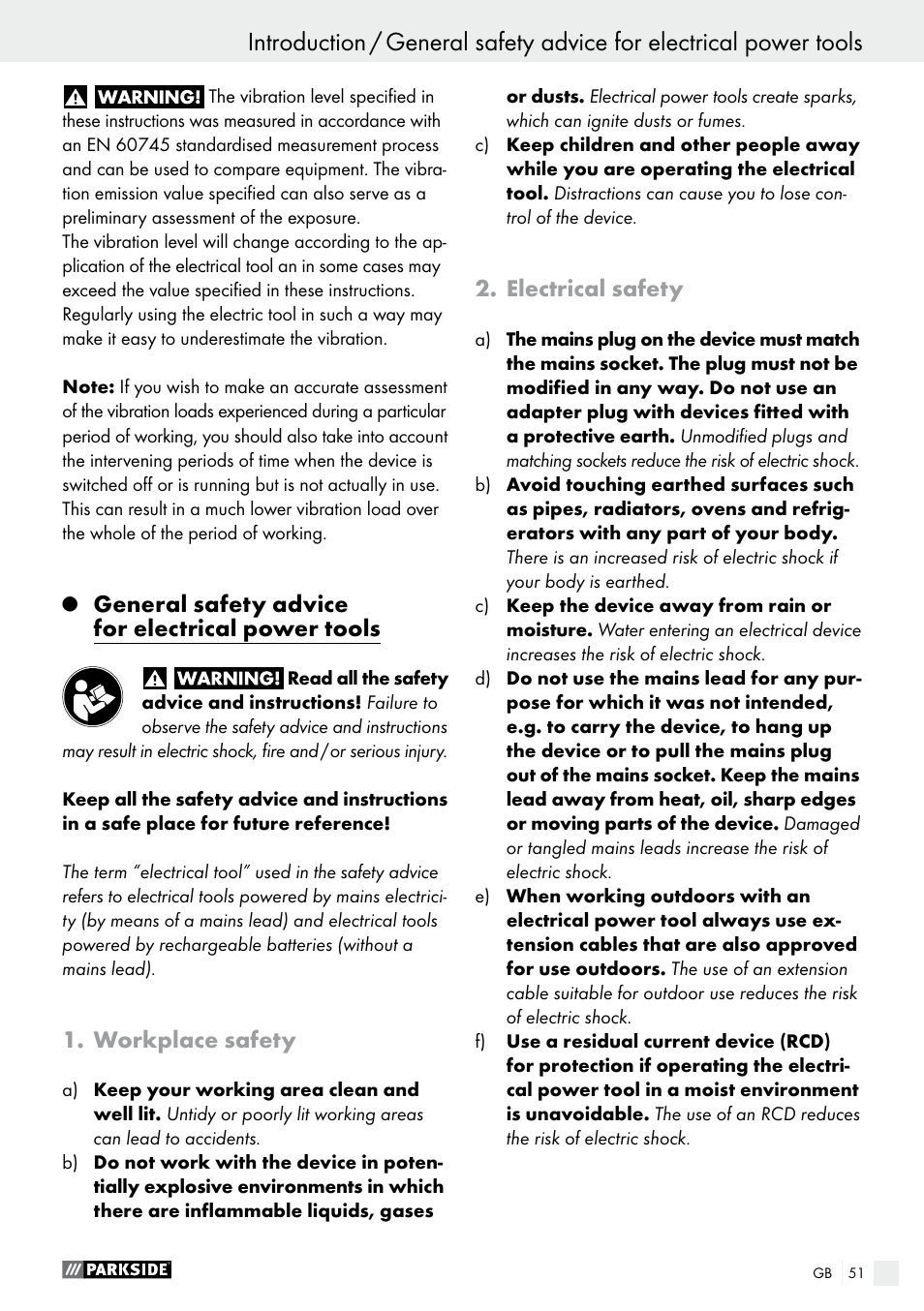 Workplace safety, Electrical safety, General safety advice for electrical power tools | Parkside PWS 230 A1 User Manual | Page 51 / 62