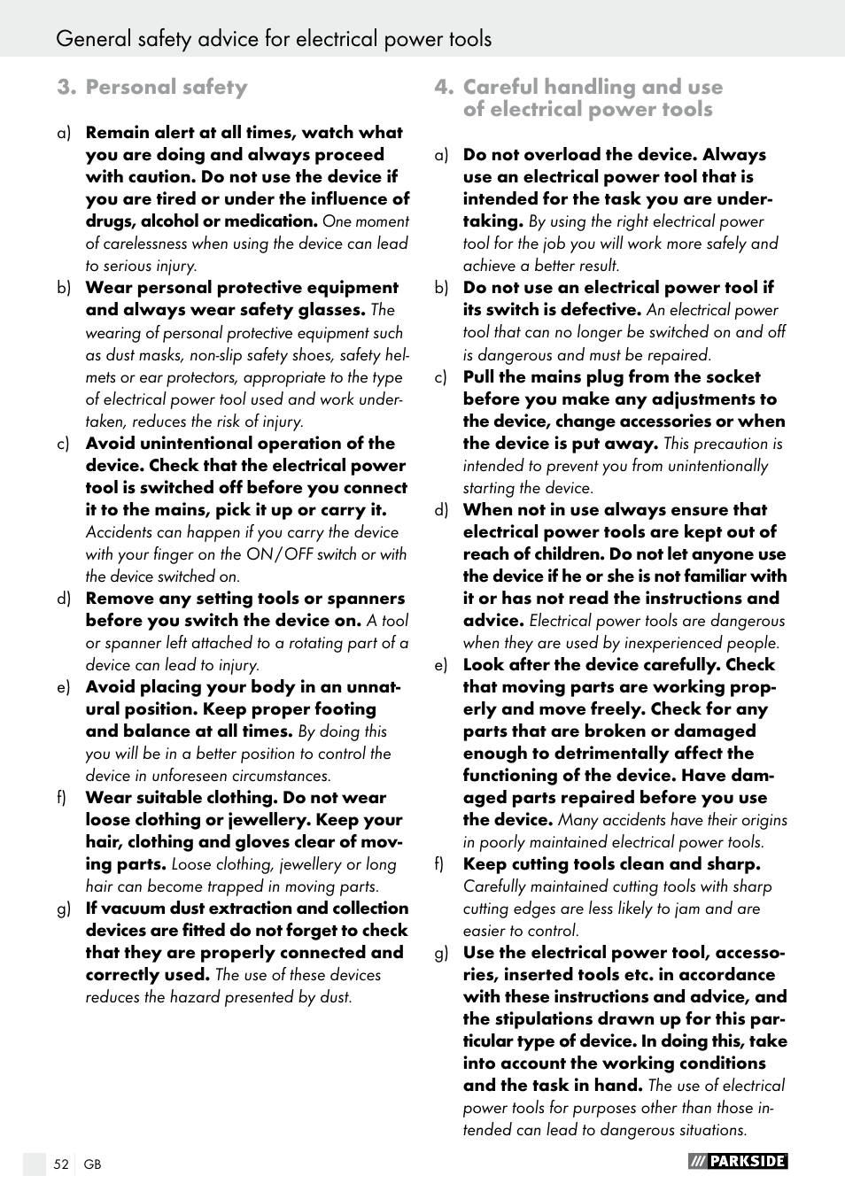 Personal safety, General safety advice for electrical power tools, Careful handling and use of electrical power tools | Parkside PWS 230 A1 User Manual | Page 52 / 62