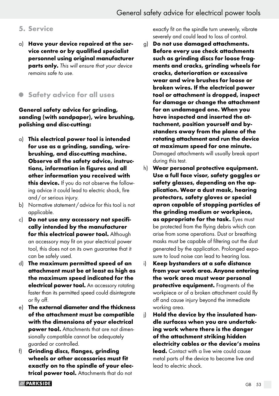 Service, Q safety advice for all uses, General safety advice for electrical power tools | Safety advice for all uses | Parkside PWS 230 A1 User Manual | Page 53 / 62