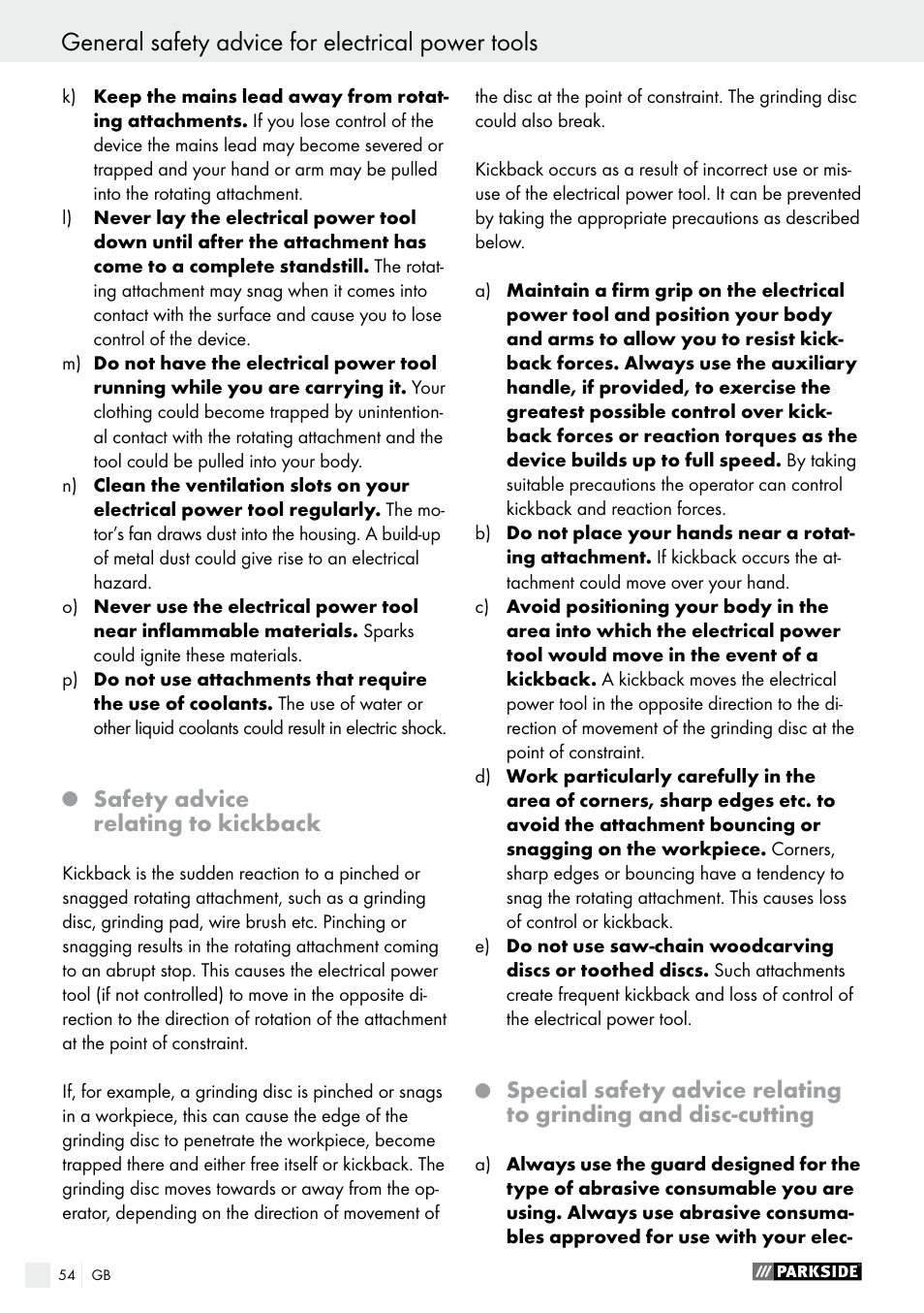 Q safety advice relating to kickback, General safety advice for electrical power tools, Safety advice relating to kickback | Parkside PWS 230 A1 User Manual | Page 54 / 62