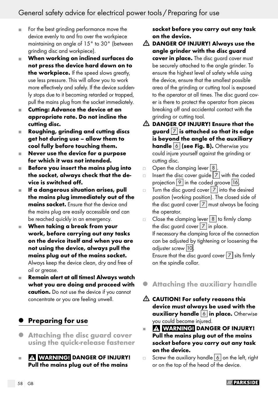 Q preparing for use, Q attaching the auxiliary handle, Preparing for use | Attaching the auxiliary handle | Parkside PWS 230 A1 User Manual | Page 58 / 62