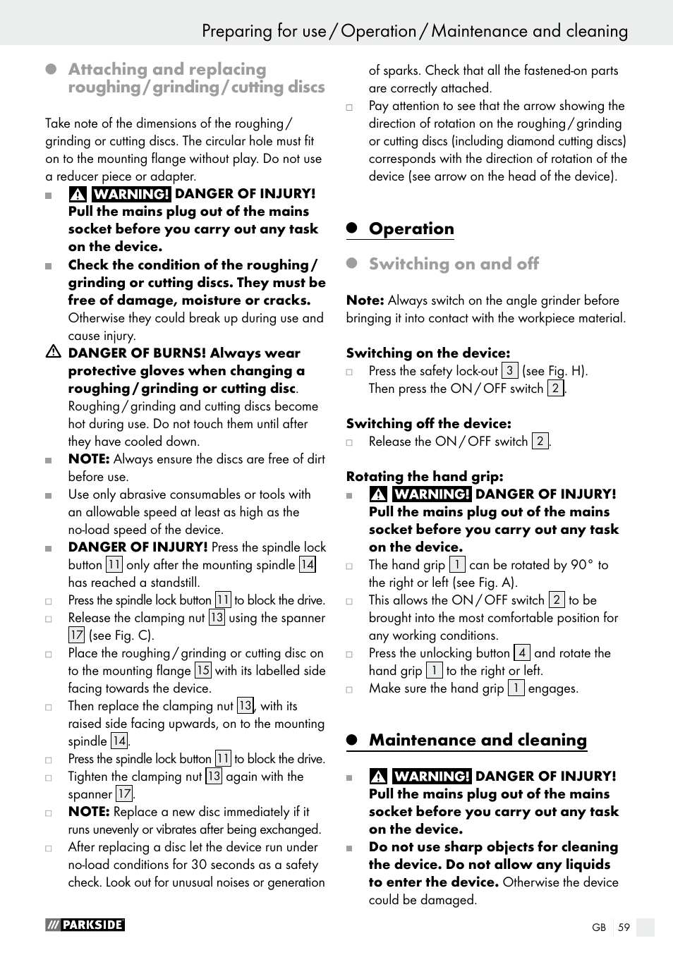 Q operation, Q switching on and off, Q maintenance and cleaning | Operation, Maintenance and cleaning, Switching on and off | Parkside PWS 230 A1 User Manual | Page 59 / 62