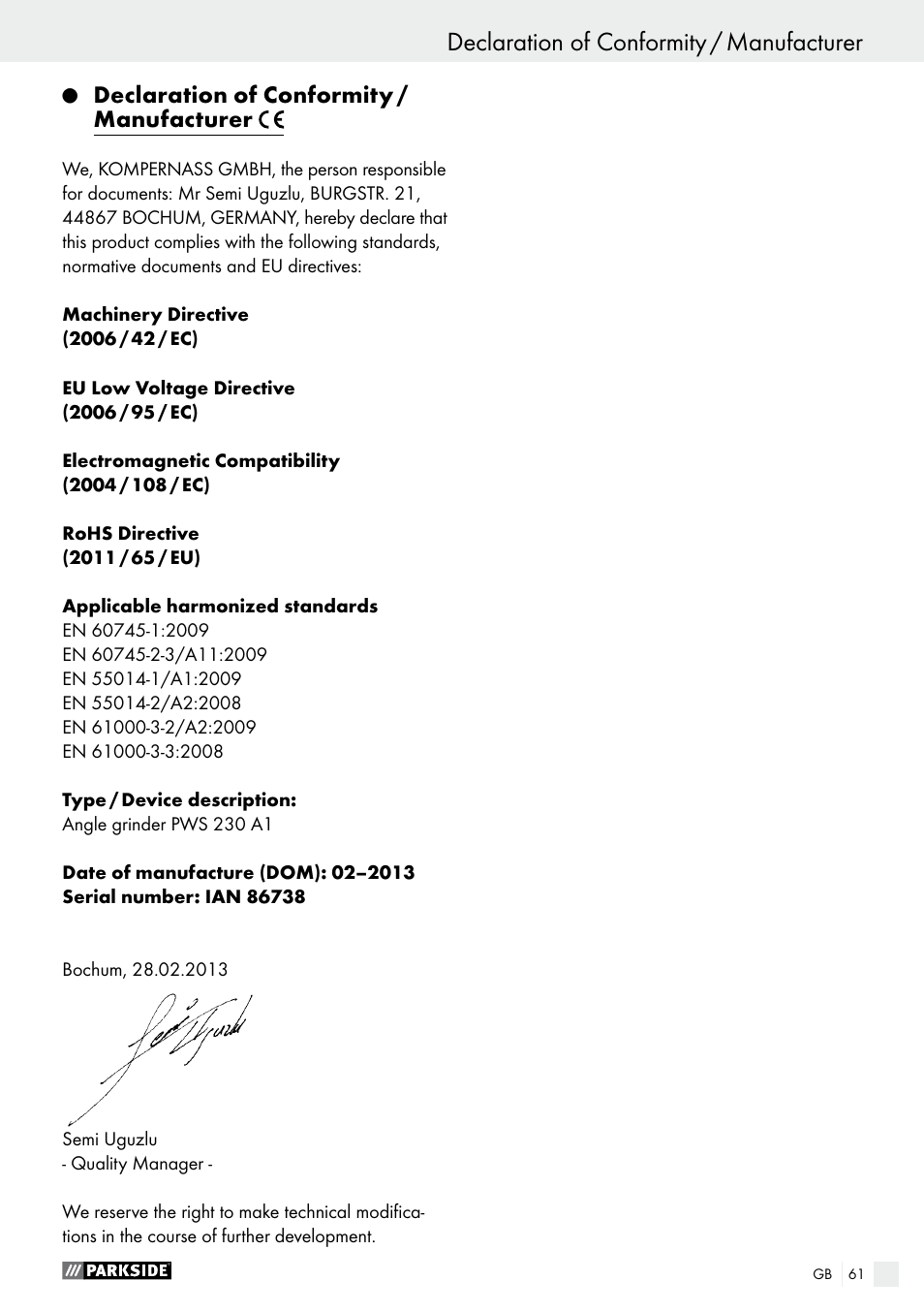 Q declaration of conformity / manufacturer, Declaration of conformity / manufacturer | Parkside PWS 230 A1 User Manual | Page 61 / 62