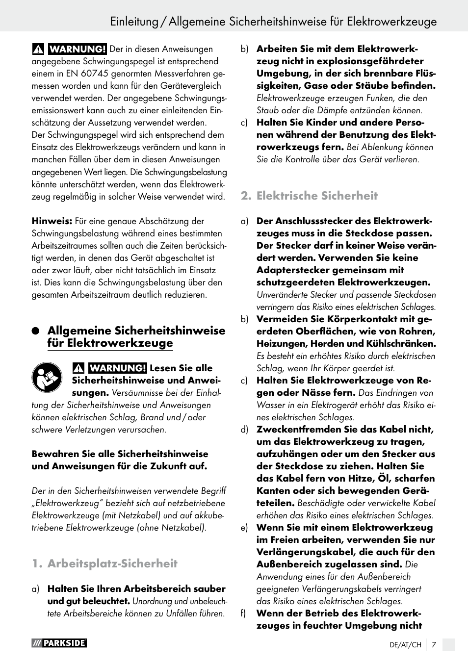Arbeitsplatz-sicherheit, Elektrische sicherheit, Einleitung | Parkside PWS 230 A1 User Manual | Page 7 / 62