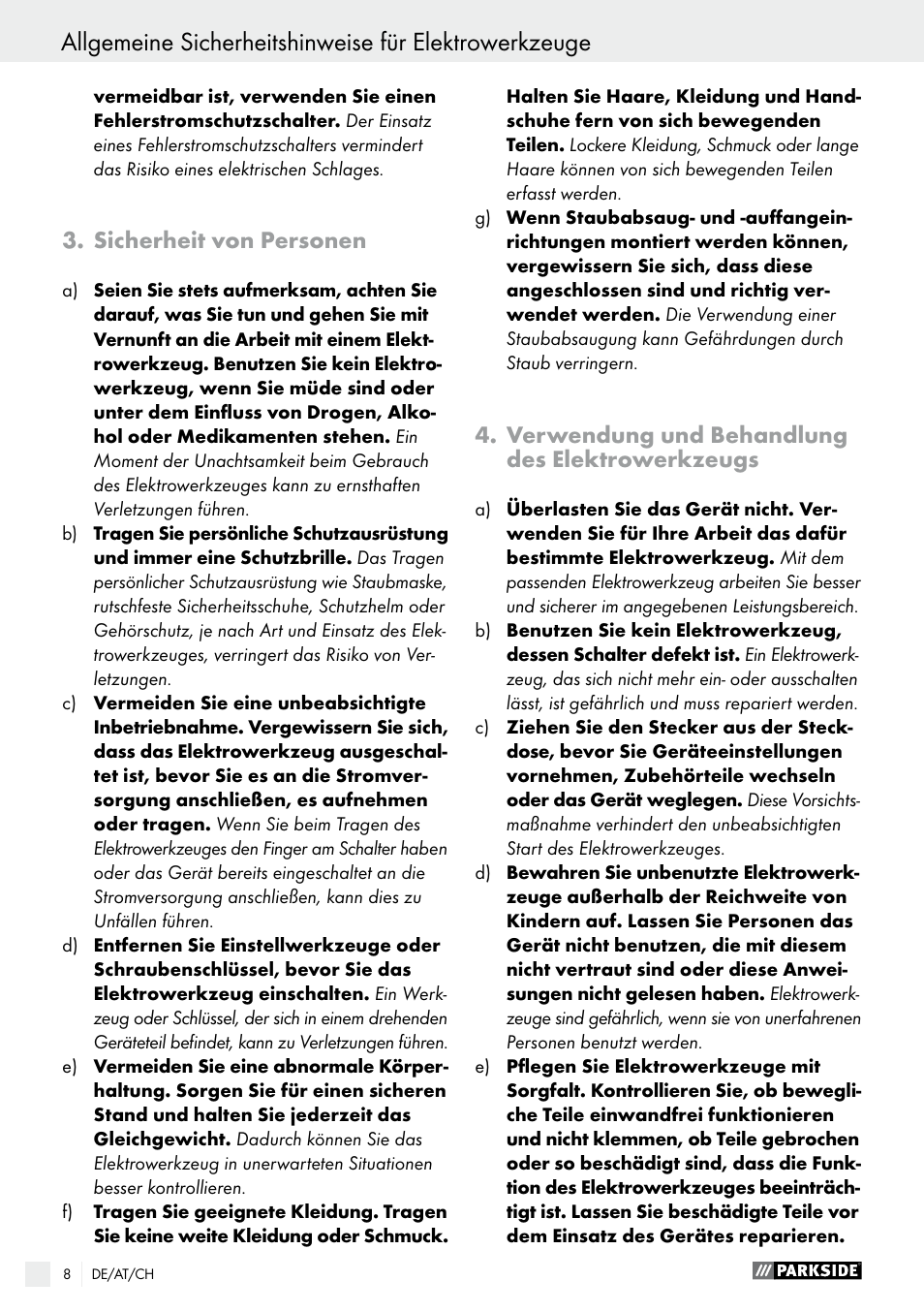 Sicherheit von personen, verwendung und behandlung des elektrowerkzeugs | Parkside PWS 230 A1 User Manual | Page 8 / 62