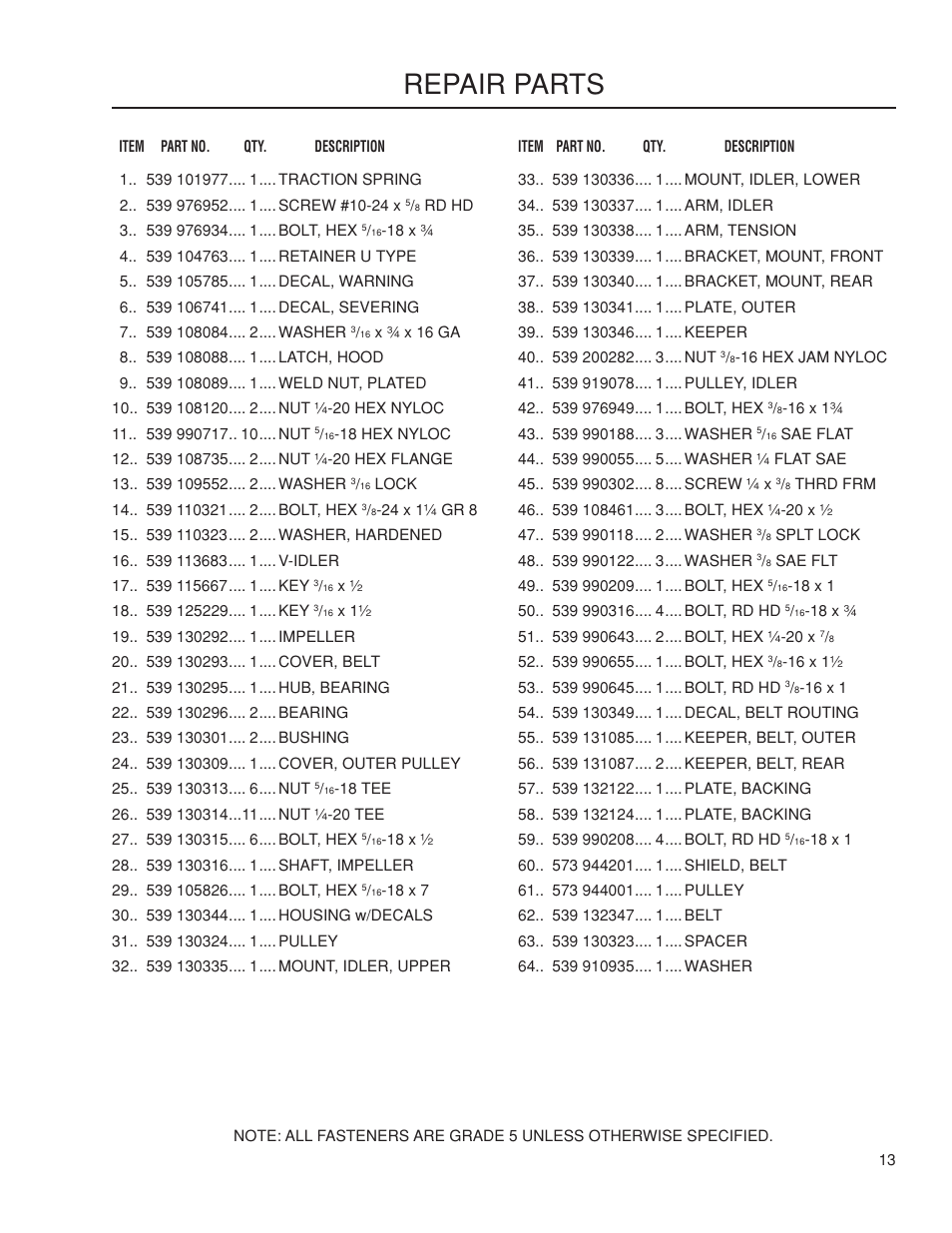 Repair parts | Dixon 115 239947 User Manual | Page 13 / 18