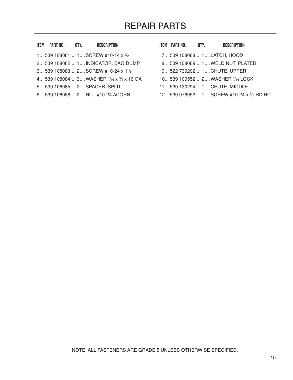 Repair parts | Dixon 115 239947 User Manual | Page 15 / 18