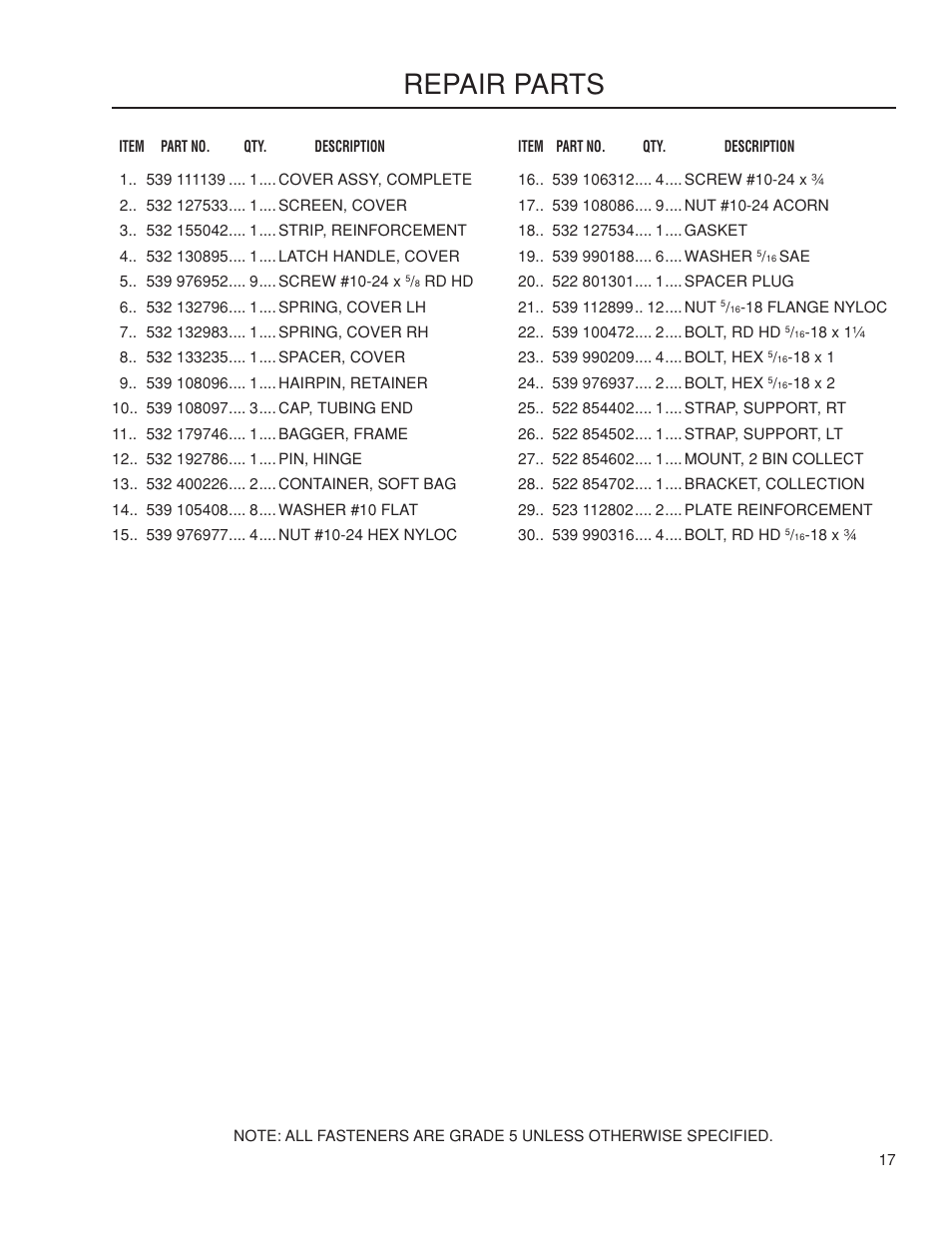Repair parts | Dixon 115 239947 User Manual | Page 17 / 18