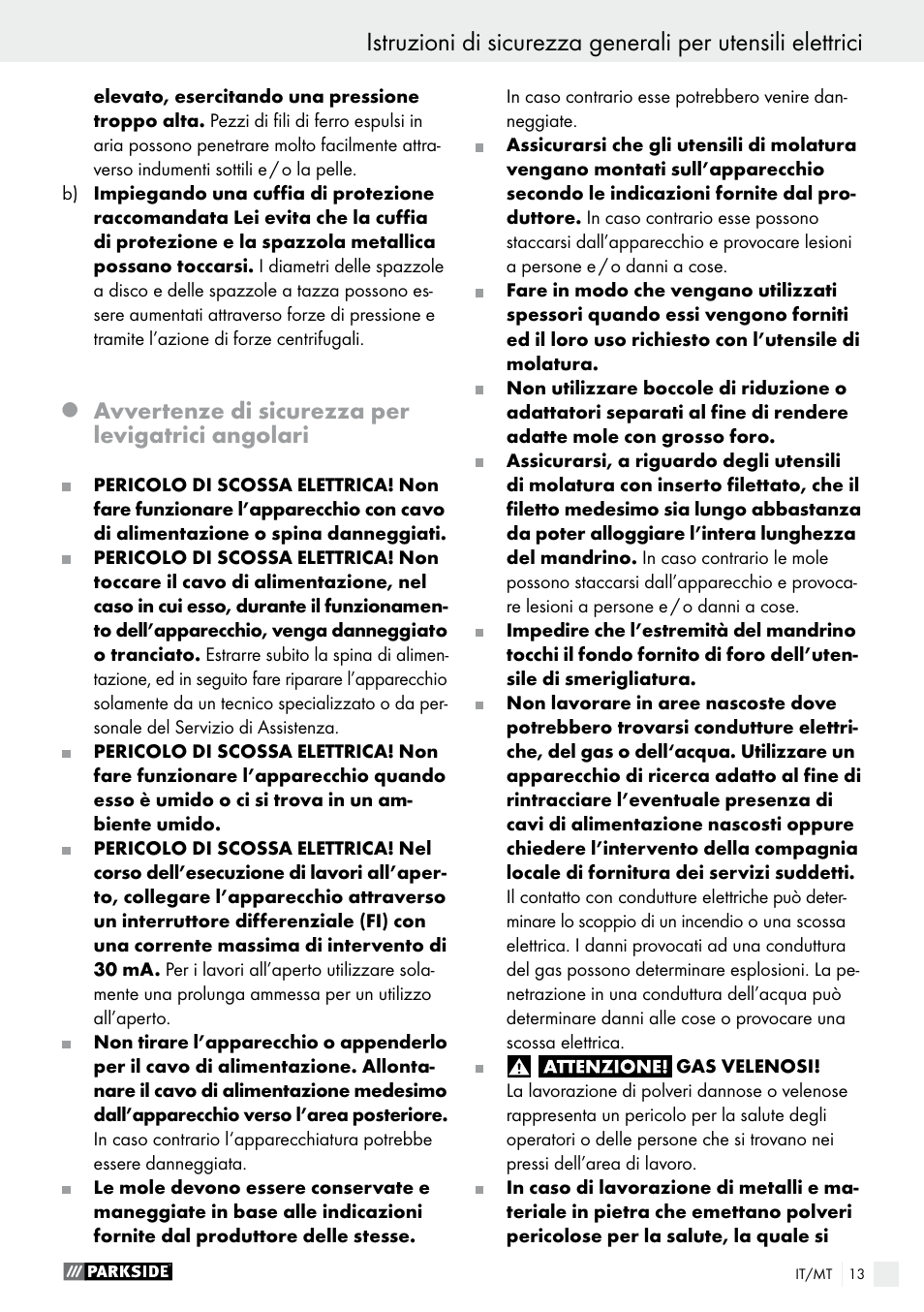 Avvertenze di sicurezza per levigatrici angolari | Parkside PWS 230 A1 User Manual | Page 13 / 49