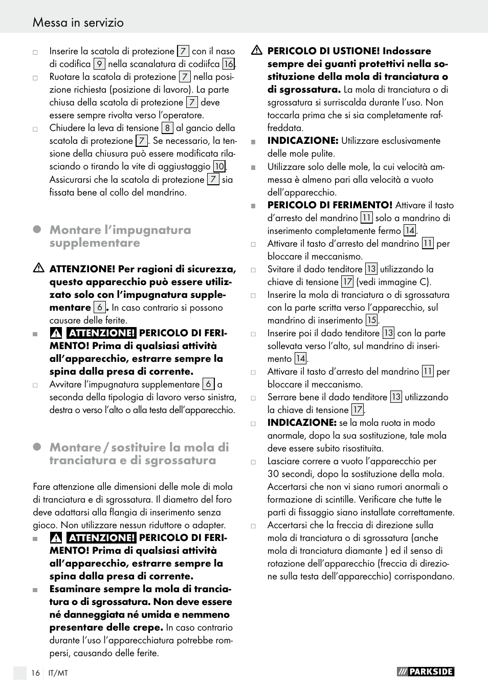 Messa in servizio, Montare l’impugnatura supplementare | Parkside PWS 230 A1 User Manual | Page 16 / 49
