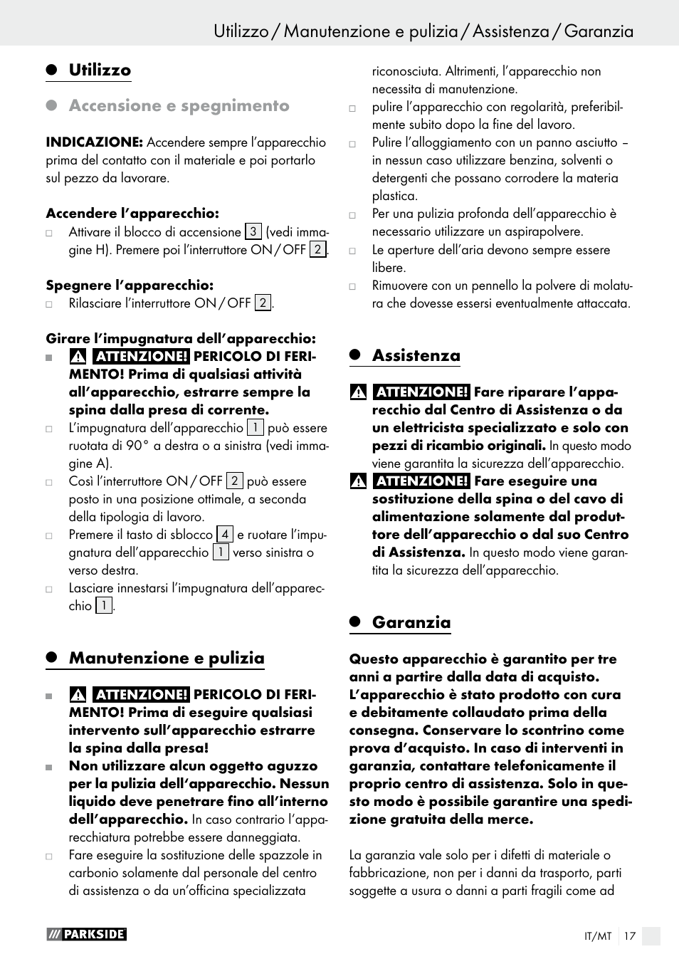 Utilizzo, Manutenzione e pulizia, Assistenza | Garanzia, Accensione e spegnimento | Parkside PWS 230 A1 User Manual | Page 17 / 49