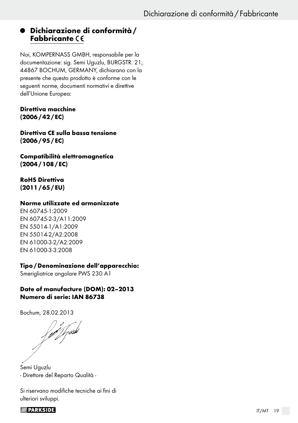 Dichiarazione di conformità / fabbricante | Parkside PWS 230 A1 User Manual | Page 19 / 49